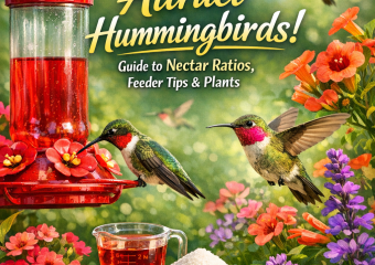 A colorful infographic describing how to attract hummingbirds using specific nectar ratios, feeder tips, and plants.