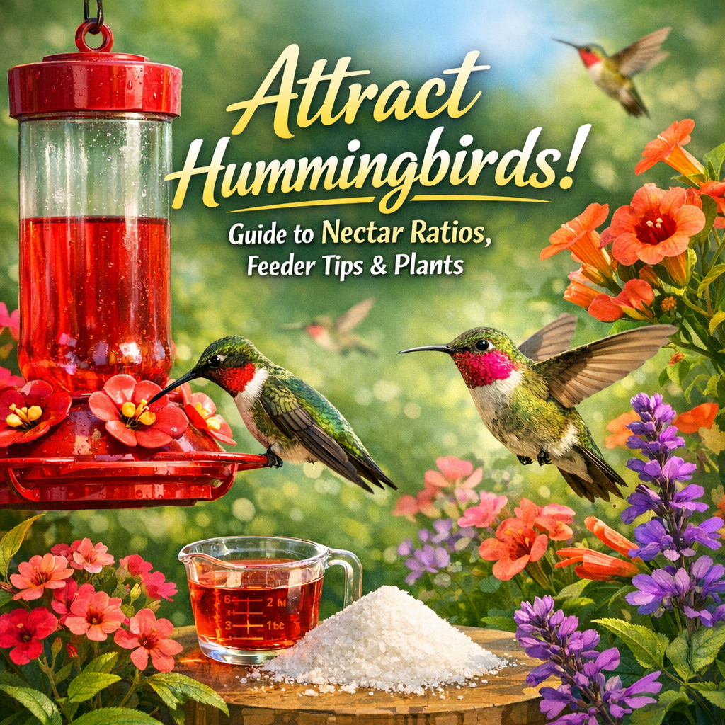 A colorful infographic describing how to attract hummingbirds using specific nectar ratios, feeder tips, and plants.