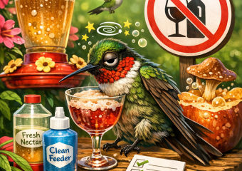 Hummingbird near nectar bottles, a 'no alcohol' sign, and checklist on a table in a garden.