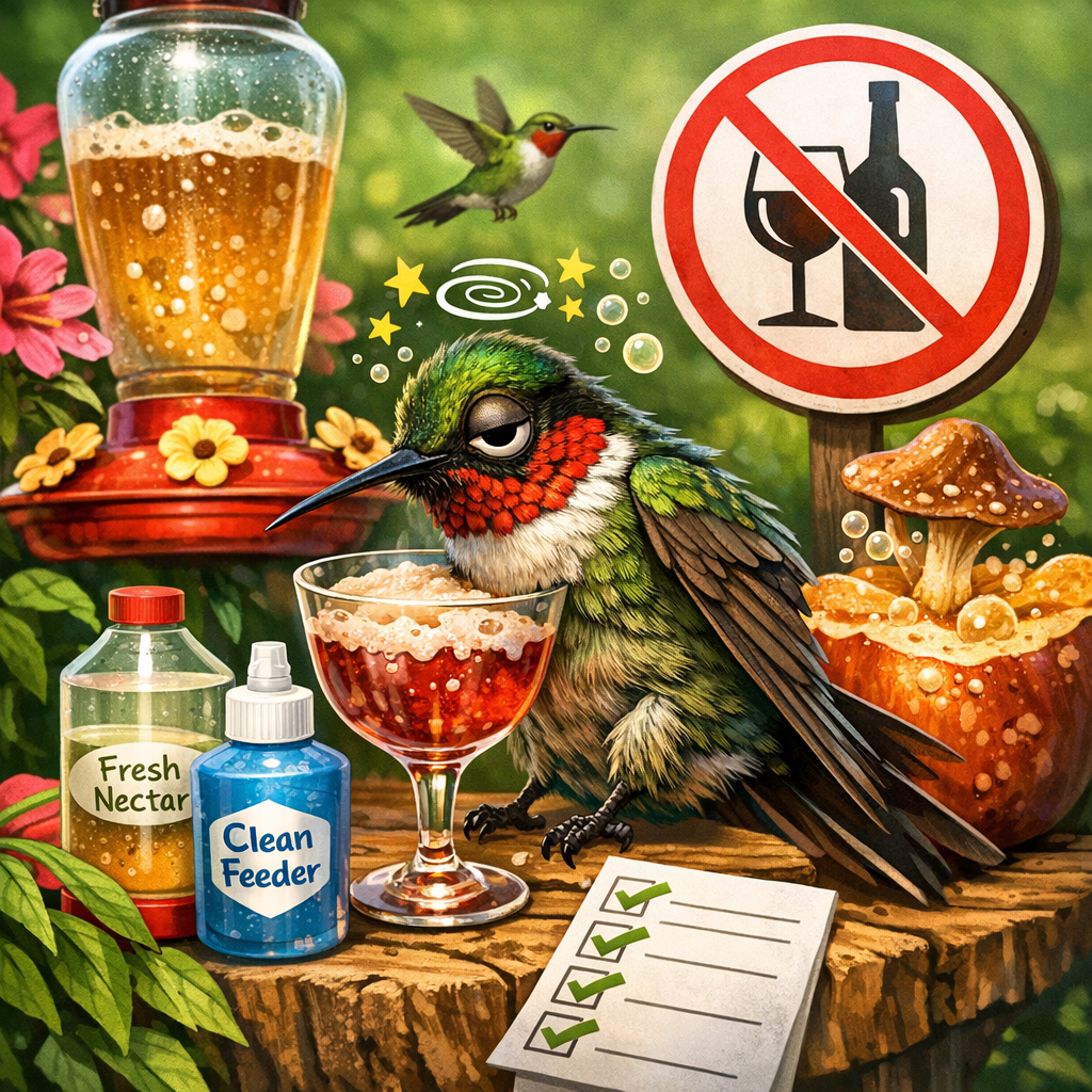 Hummingbird near nectar bottles, a 'no alcohol' sign, and checklist on a table in a garden.