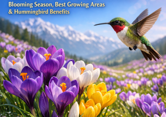 A colorful infographic detailing the blooming season of crocuses and their benefits for hummingbirds.