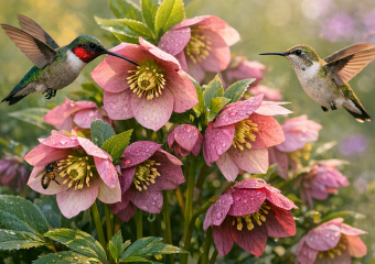 Two hummingbirds hover near pink Lenten Rose flowers in a dewy garden.