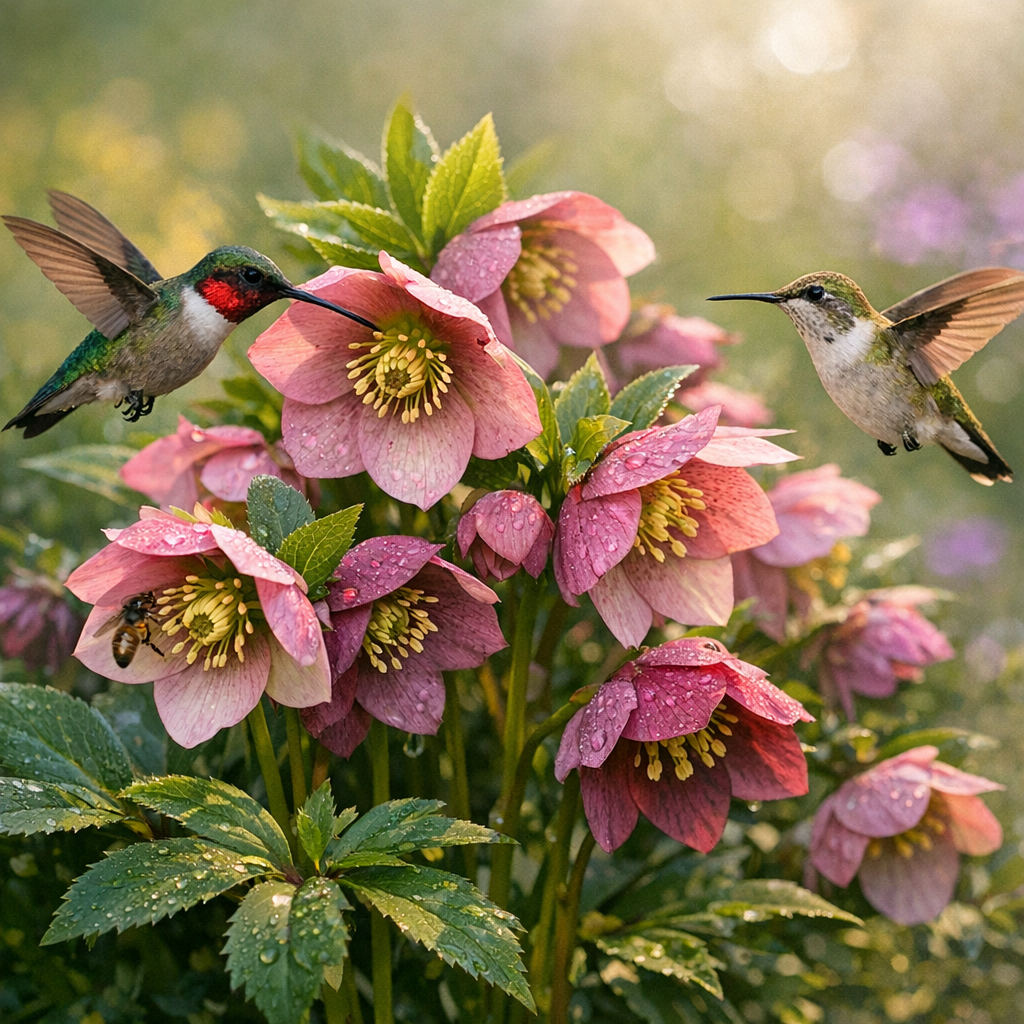 Two hummingbirds hover near pink Lenten Rose flowers in a dewy garden.