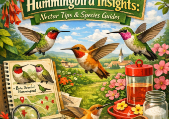 Colorful illustration showing various hummingbirds around flowers with text on nectar tips and species guides.