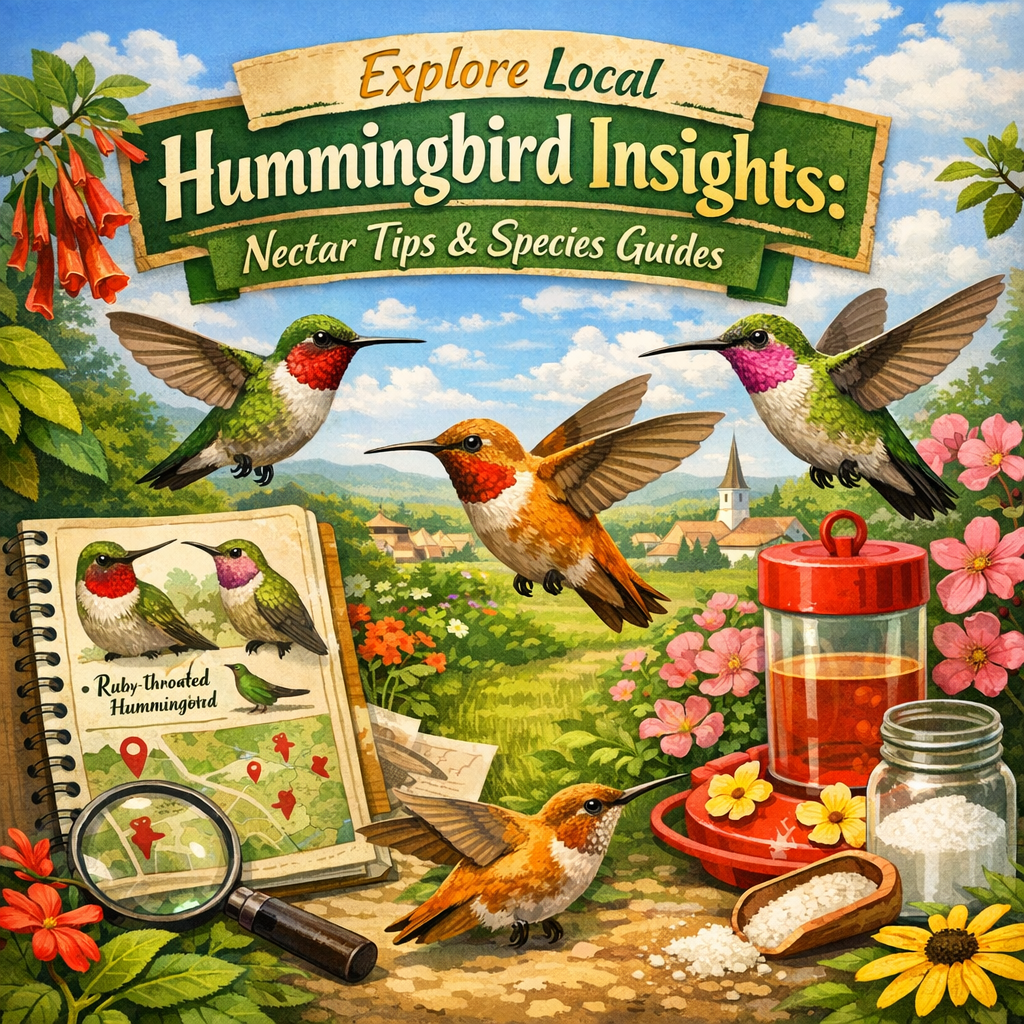 Colorful illustration showing various hummingbirds around flowers with text on nectar tips and species guides.
