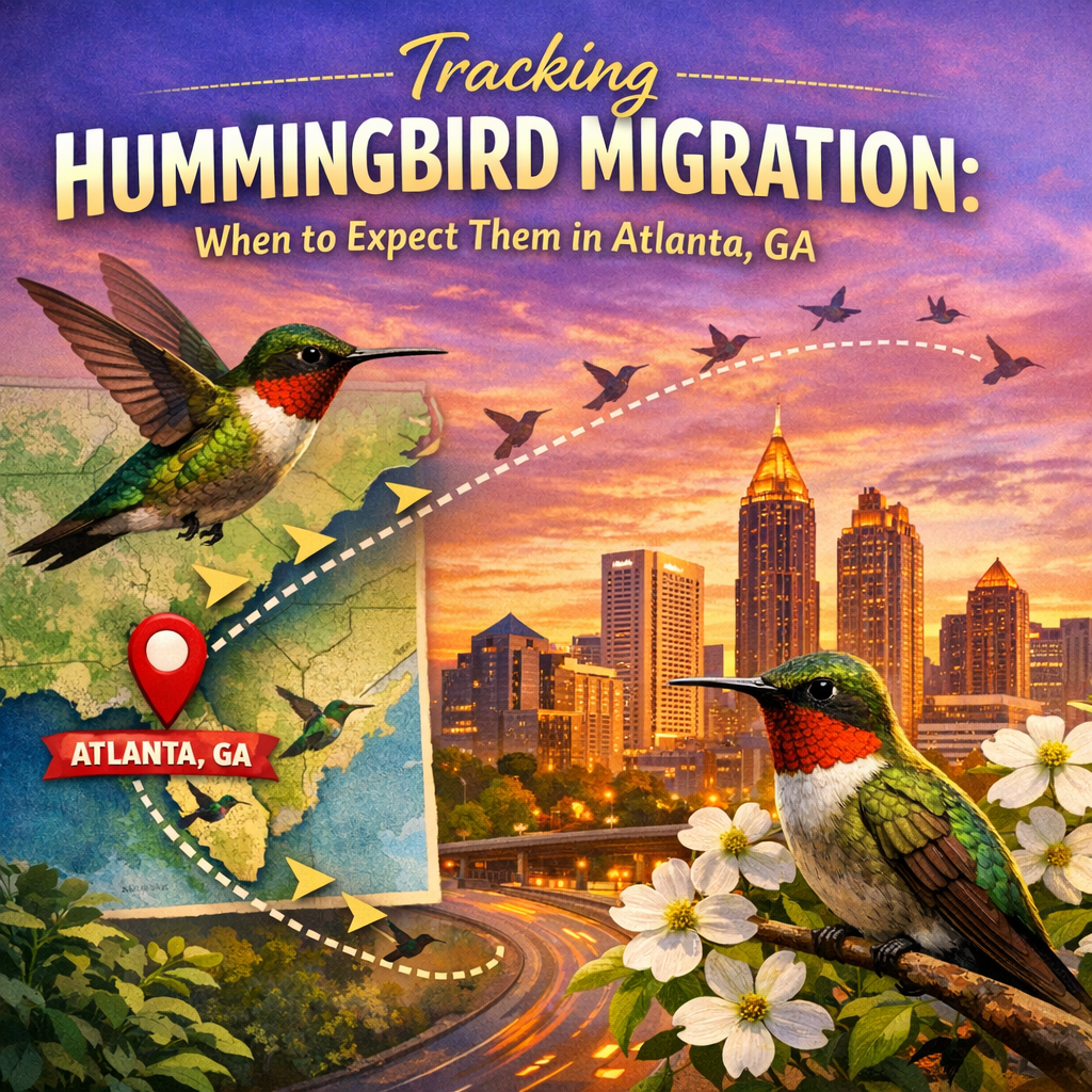 Map of Atlanta, GA with illustrated hummingbird and skyline, indicating migration patterns.
