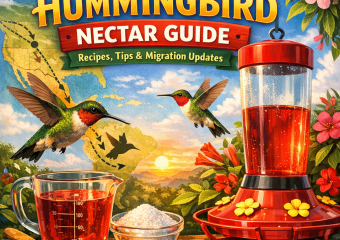 Hummingbird drinking nectar from a feeder surrounded by flowers.