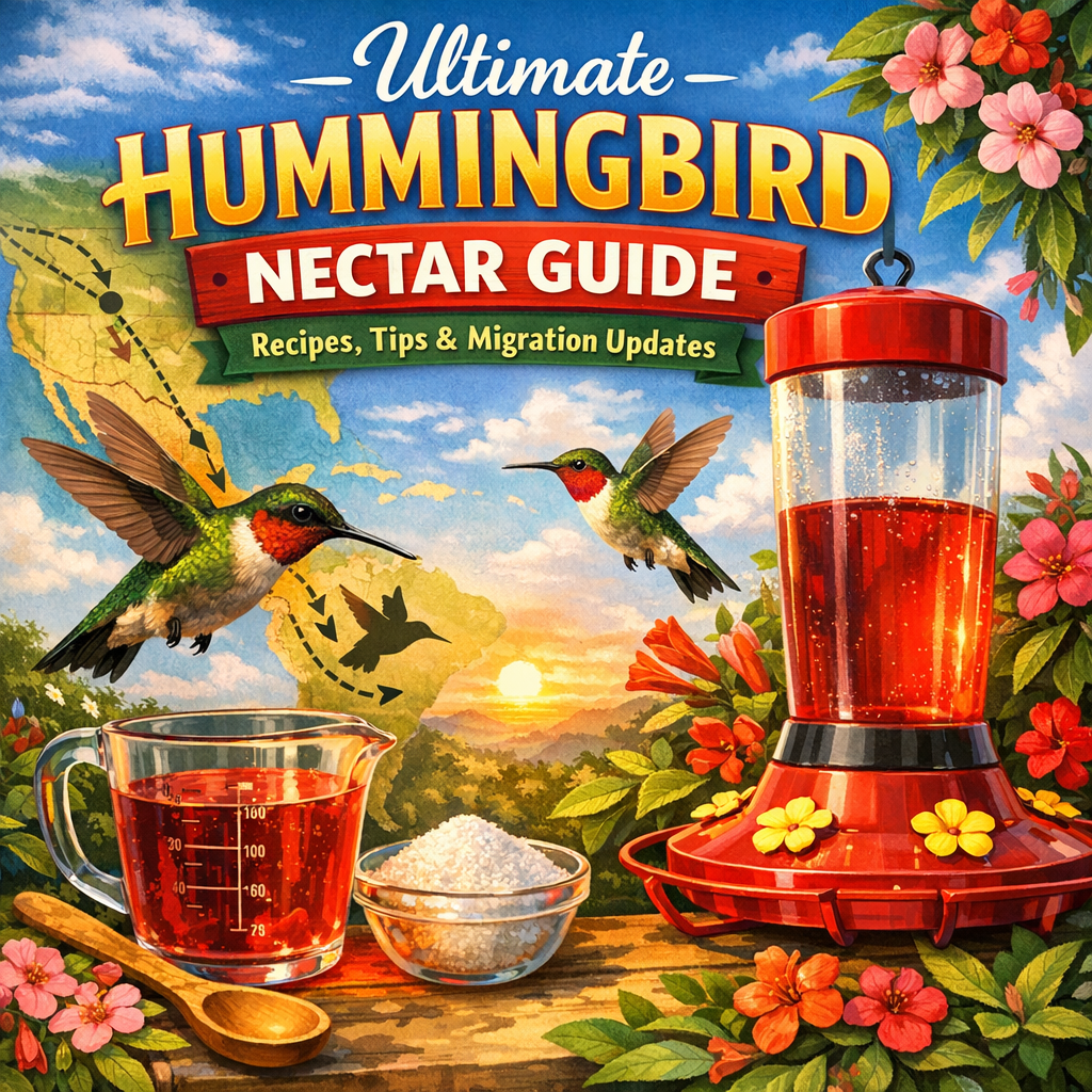 Hummingbird drinking nectar from a feeder surrounded by flowers.