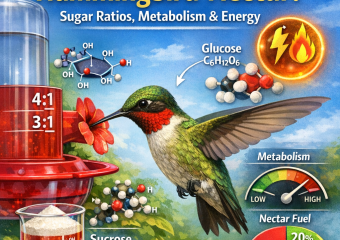 Infographic detailing the composition, sugar ratios, metabolism, and energy usage of hummingbird nectar.
