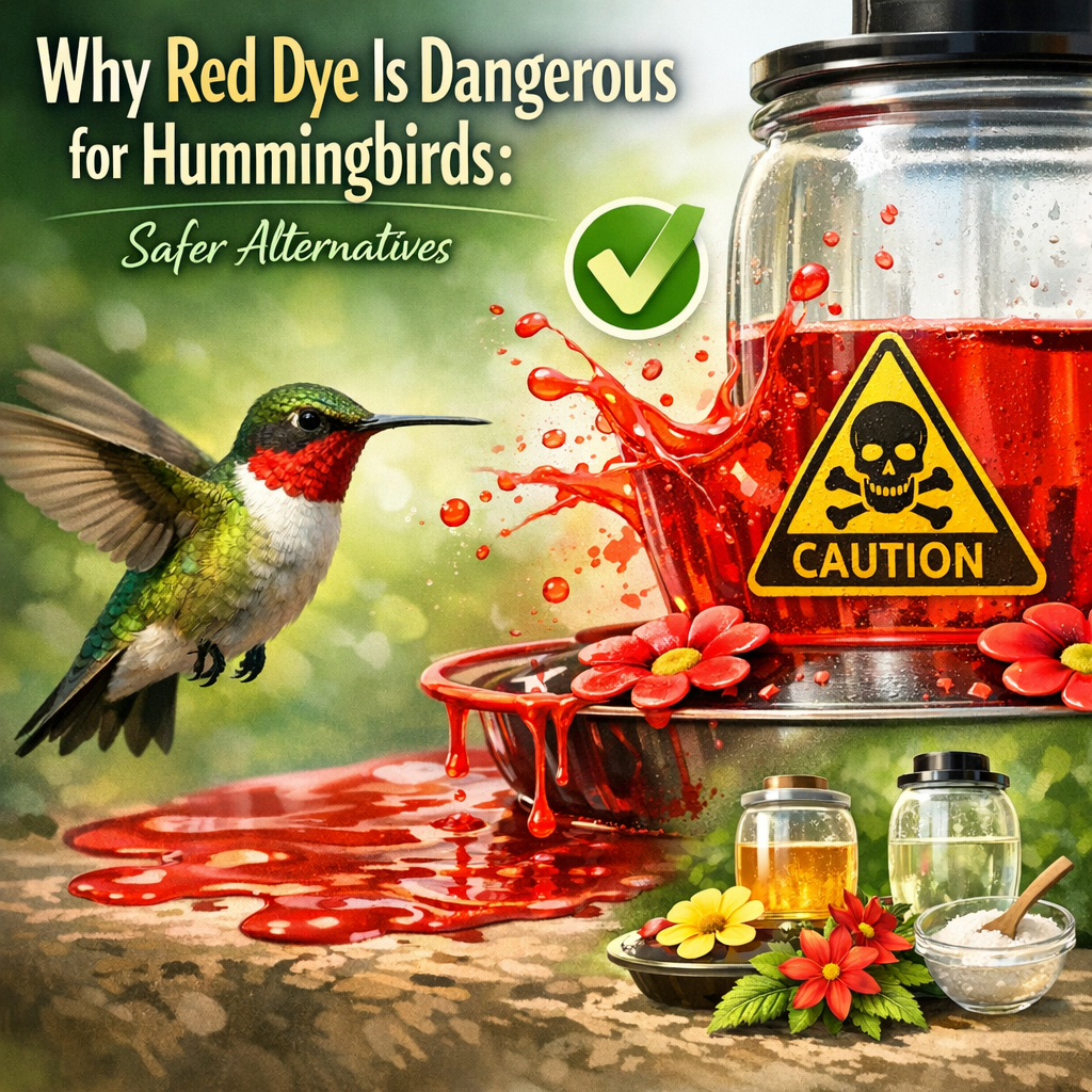 Hummingbird avoiding a red-dyed feeder in favor of a clear nectar feeder among flowers.