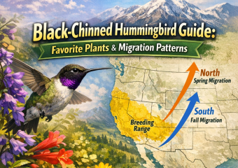 Map of the western U.S. showing Black-Chinned Hummingbird migration routes and favorite agave plants.