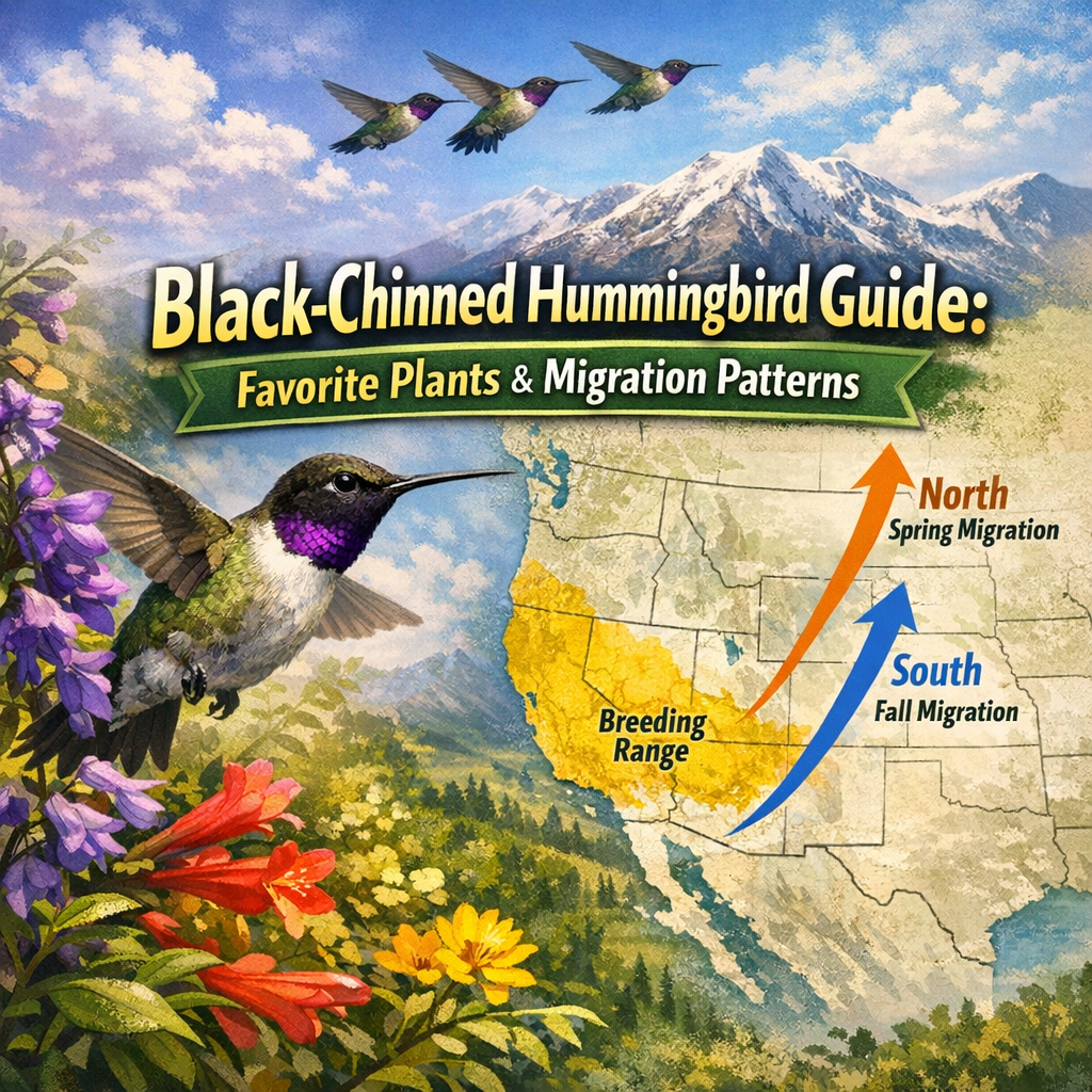 Map of the western U.S. showing Black-Chinned Hummingbird migration routes and favorite agave plants.