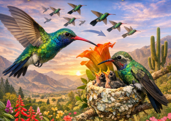 Colorful broad-billed hummingbirds feeding chicks among blooming flowers and cacti in a desert landscape.