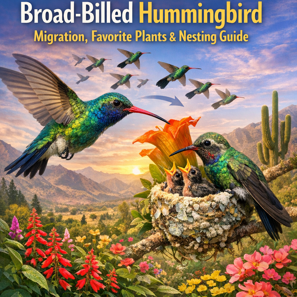 Colorful broad-billed hummingbirds feeding chicks among blooming flowers and cacti in a desert landscape.