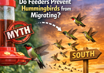 Hummingbird feeding at a feeder with a migration route map in the background.