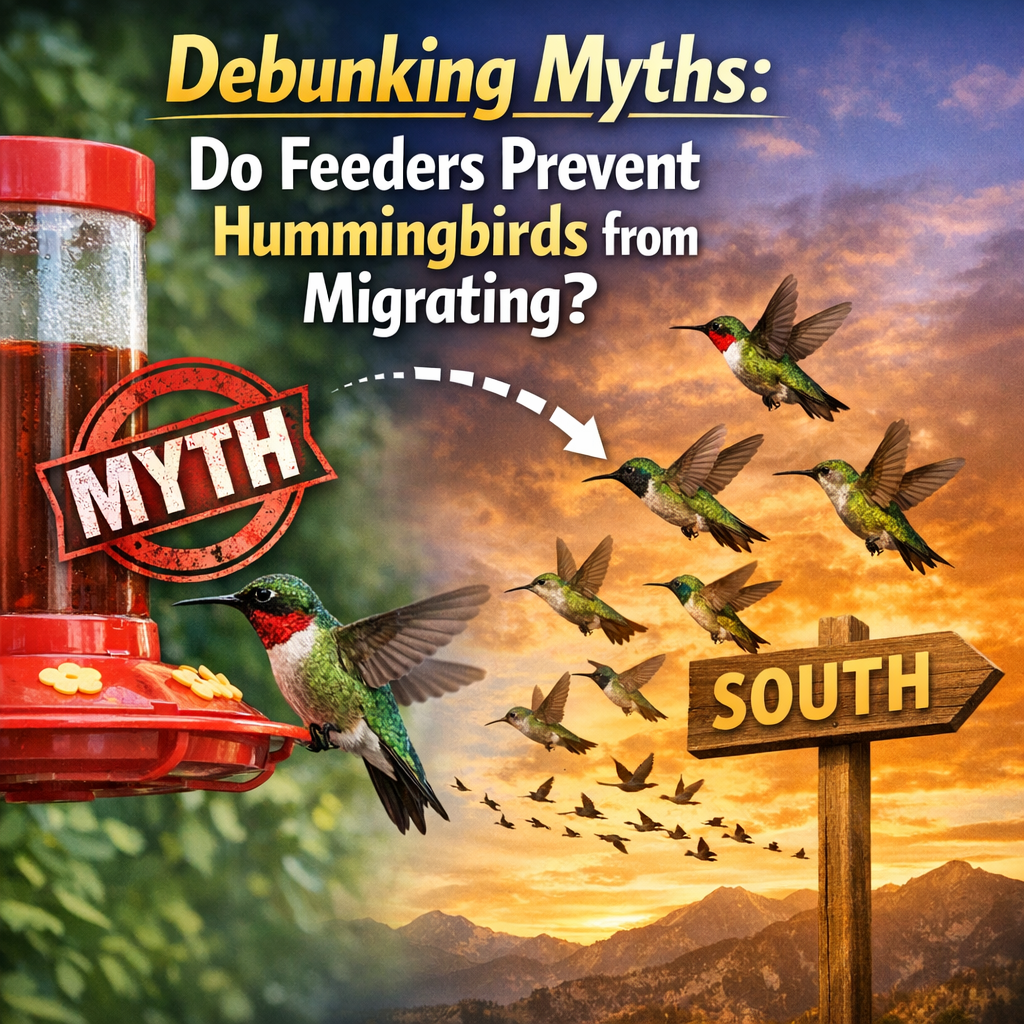 Hummingbird feeding at a feeder with a migration route map in the background.