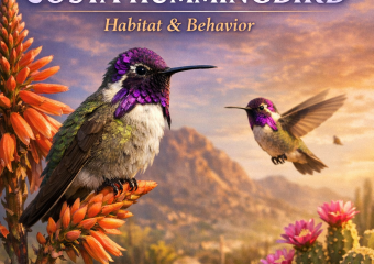 Close-up of a Costa's Hummingbird hovering near vibrant flowers in a desert setting with mountains in the background.