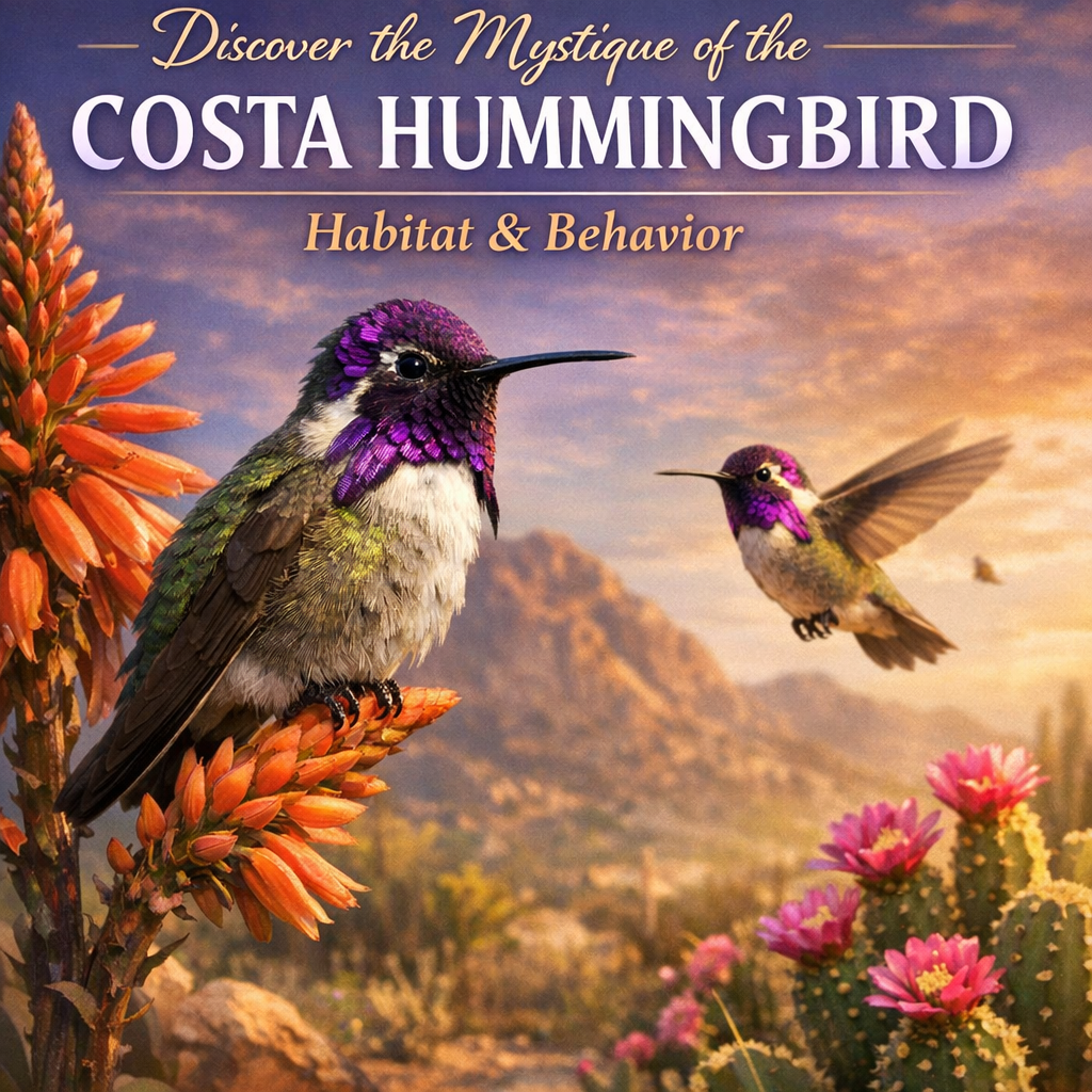 Close-up of a Costa's Hummingbird hovering near vibrant flowers in a desert setting with mountains in the background.