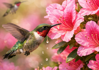 Hummingbird feeding on nectar from pink azalea flowers.