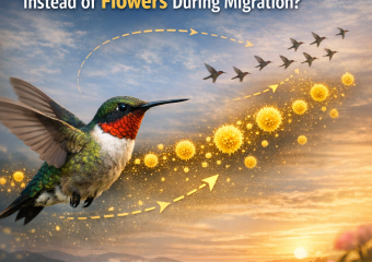 Graphic of hummingbirds migrating, following trails of pollen instead of flowers.