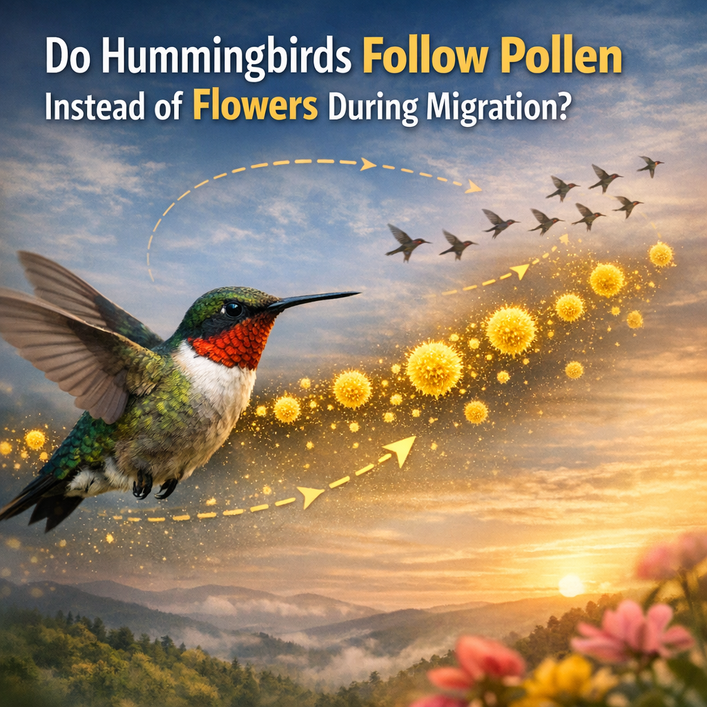 Graphic of hummingbirds migrating, following trails of pollen instead of flowers.
