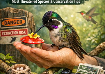Endangered hummingbird perched on a branch with text about conservation tips.