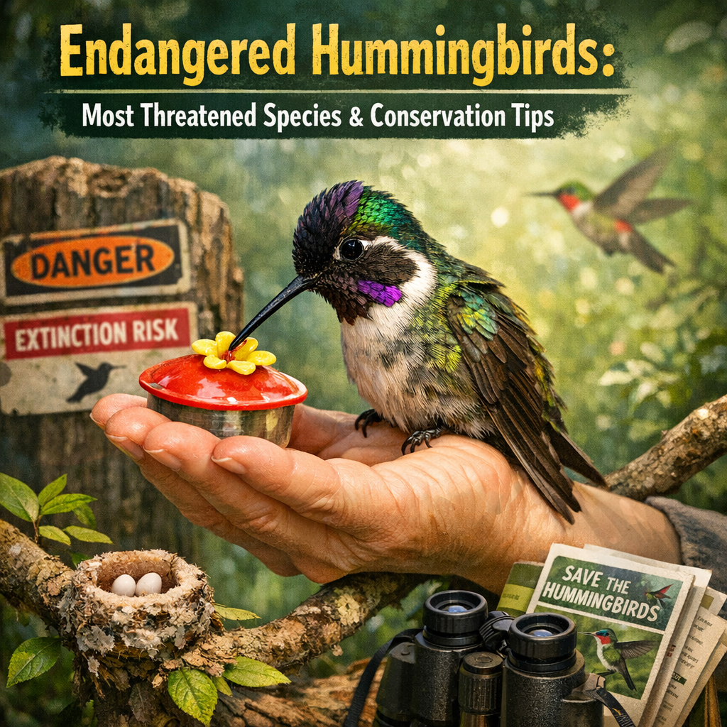 Endangered hummingbird perched on a branch with text about conservation tips.