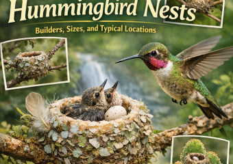 Hummingbird nest with two chicks, nestled in a tree branch, surrounded by green leaves.