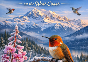 Hummingbirds flying among wildflowers with snowy mountains in the background on the West Coast.