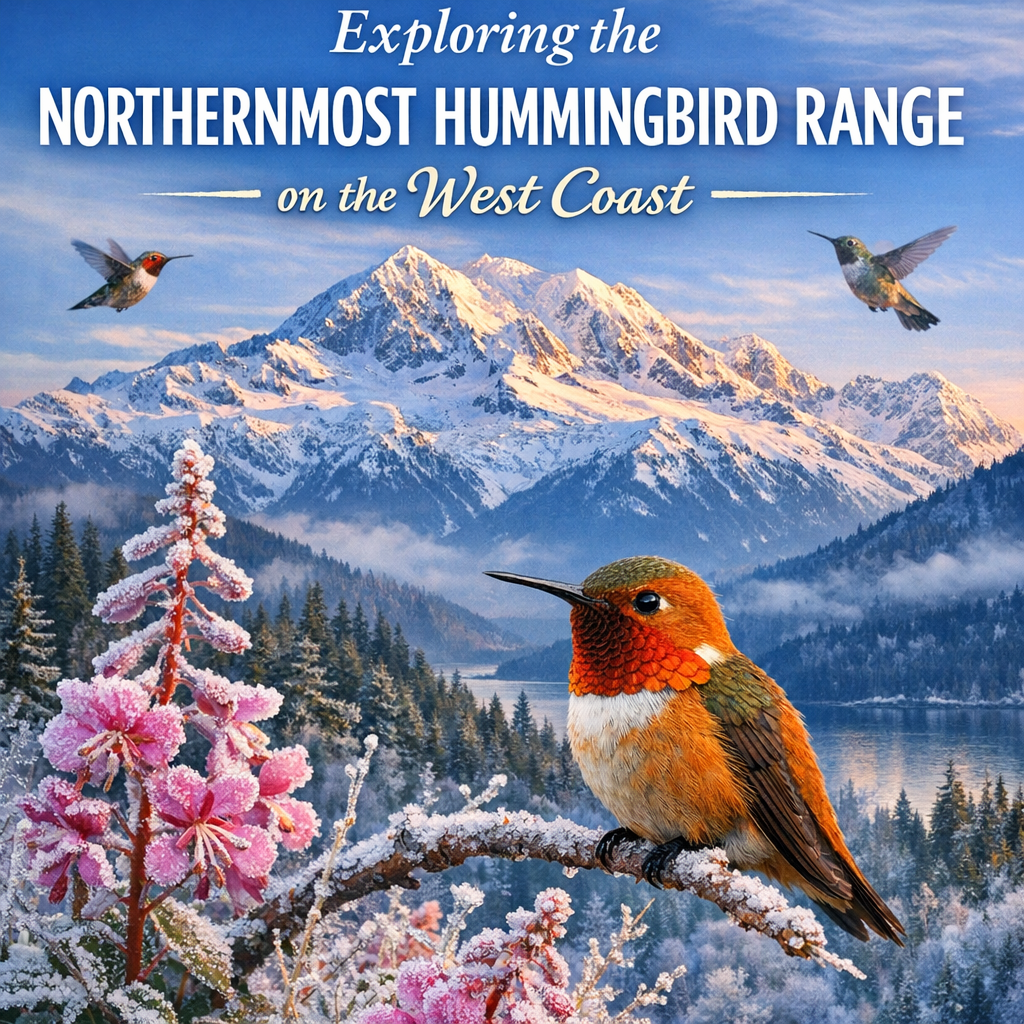 Hummingbirds flying among wildflowers with snowy mountains in the background on the West Coast.