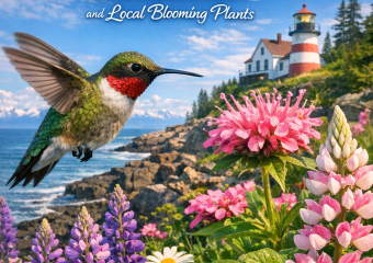 Hummingbird feeding on flowers with a lighthouse in the background on the East Coast.