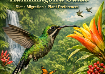 Illustration of a Green Hermit hummingbird feeding on a flower in a tropical forest.