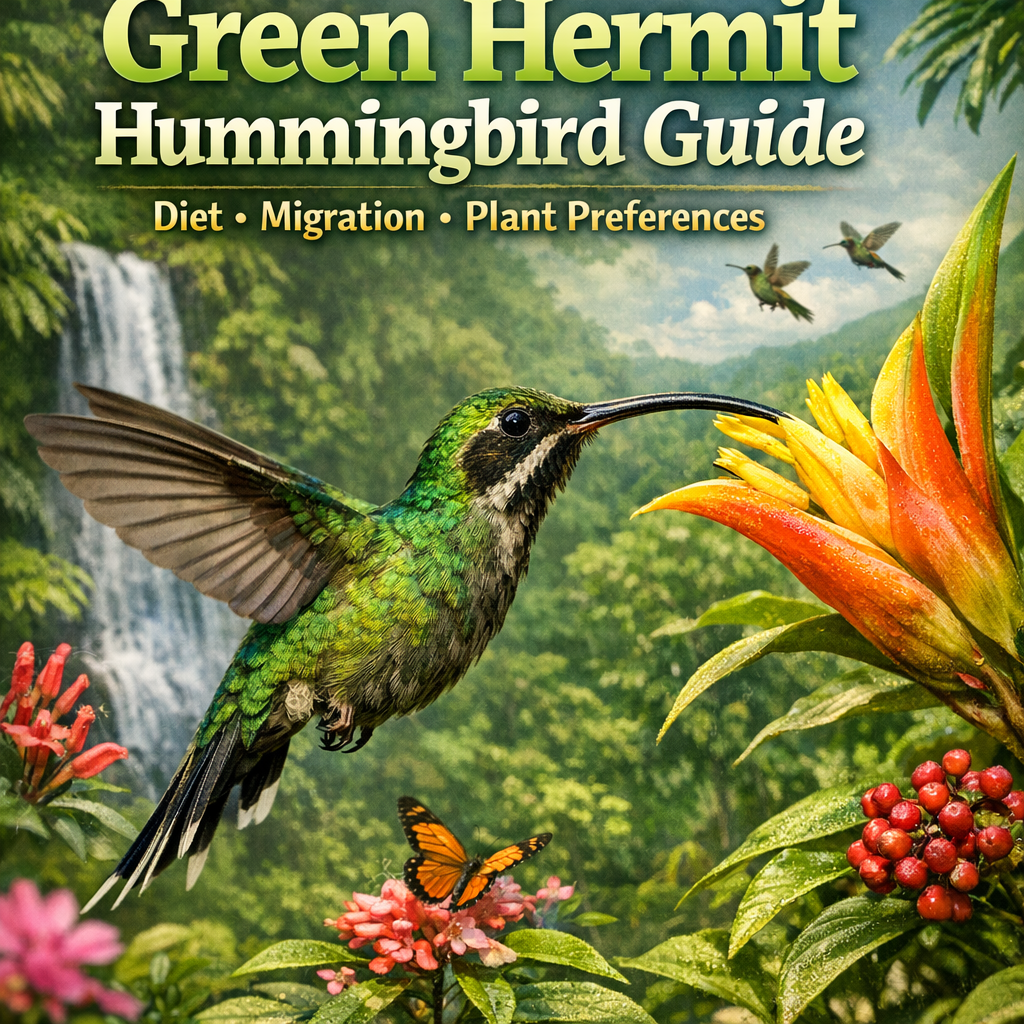 Illustration of a Green Hermit hummingbird feeding on a flower in a tropical forest.