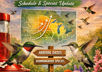 Illustrated map showing Midwest hummingbird migration routes and schedule.