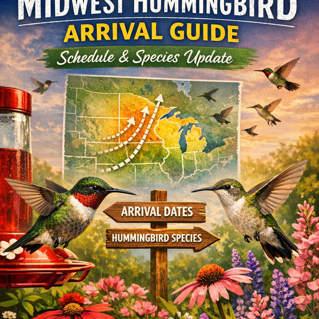 Illustrated map showing Midwest hummingbird migration routes and schedule.