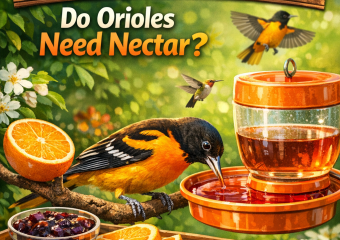 Image of an oriole bird at a feeder, with text about nectar in feeding guides.
