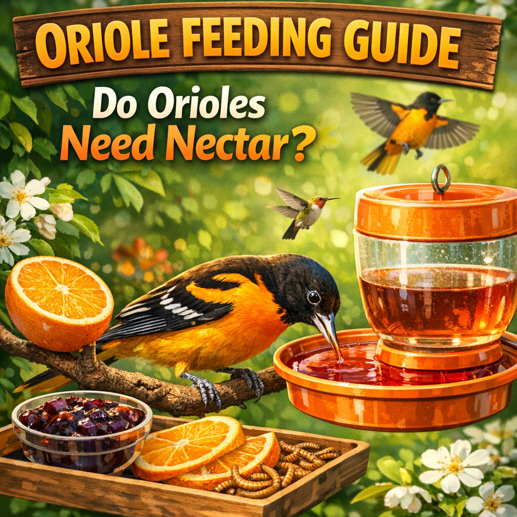 Image of an oriole bird at a feeder, with text about nectar in feeding guides.