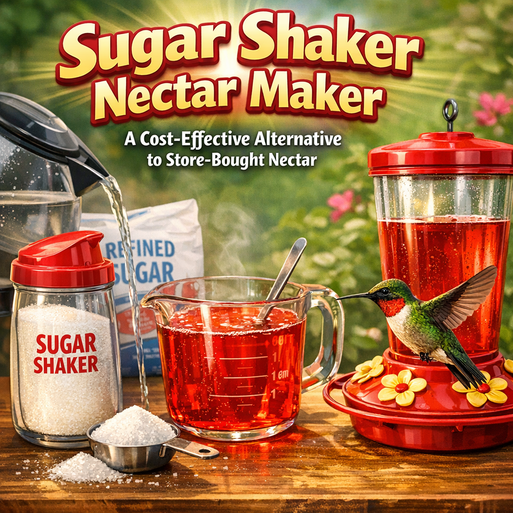 "Sugar Shaker Nectar Maker device next to ingredients for making hummingbird nectar."