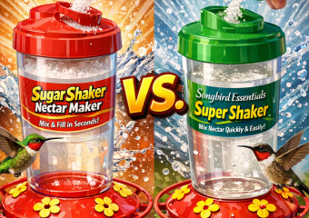 Two hummingbird nectar mixers, Sugar Shaker Nectar Maker and Songbird Essentials Super Shaker, side by side.