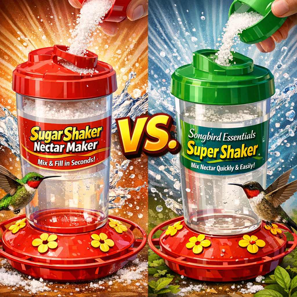 Two hummingbird nectar mixers, Sugar Shaker Nectar Maker and Songbird Essentials Super Shaker, side by side.