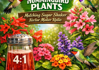 Four labeled plants that match the 4:1 nectar ratio, attracting hummingbirds to a garden.