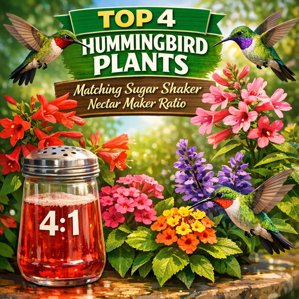 Four labeled plants that match the 4:1 nectar ratio, attracting hummingbirds to a garden.