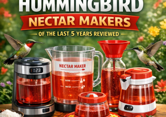Five top hummingbird nectar makers displayed with a vibrant garden background.