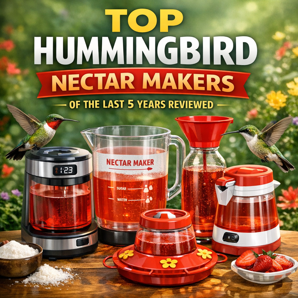 Five top hummingbird nectar makers displayed with a vibrant garden background.