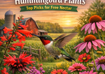 A hummingbird feeding on the bright flowers of a Bee Balm plant in a Nebraska garden.