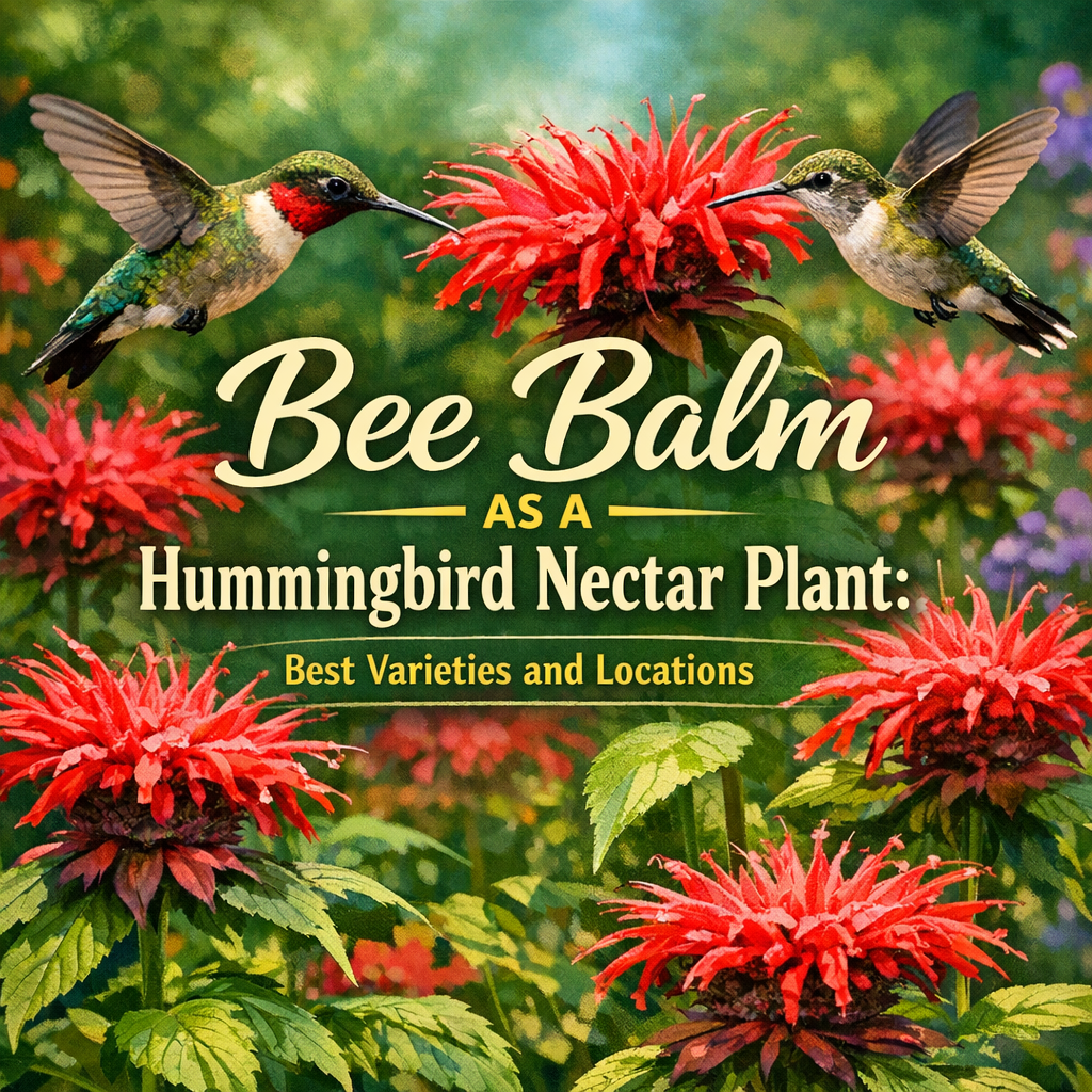 Hummingbird sipping nectar from a vibrant Bee Balm flower.