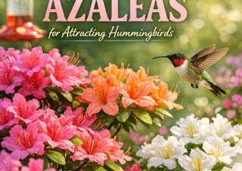 Hummingbird hovering near colorful early-blooming azaleas in a vibrant garden.
