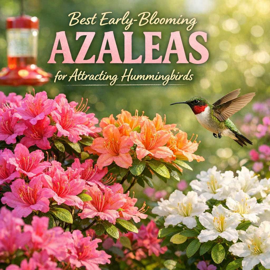 Hummingbird hovering near colorful early-blooming azaleas in a vibrant garden.