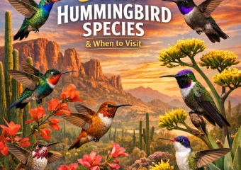 Colorful hummingbirds flocking in a vibrant Arizona desert landscape.