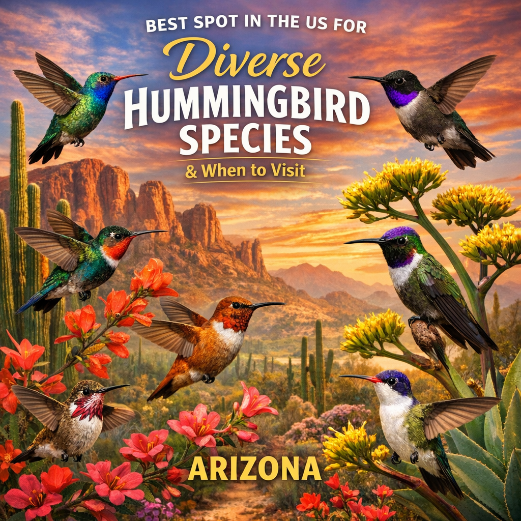 Colorful hummingbirds flocking in a vibrant Arizona desert landscape.